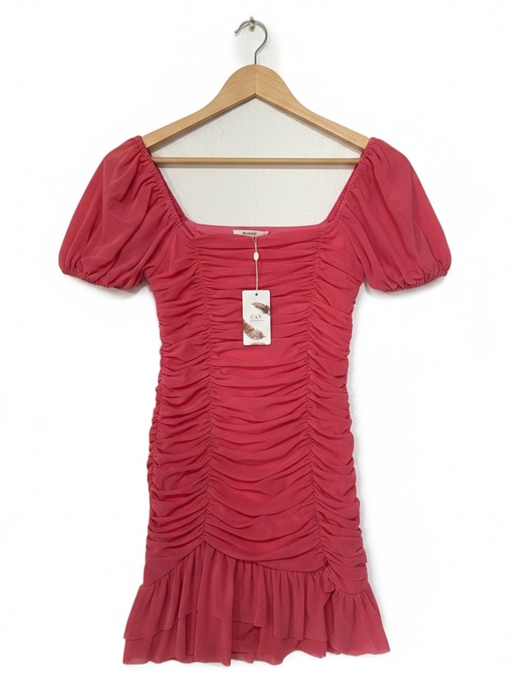 Chelsea & violet pink ruched mesh mini dress